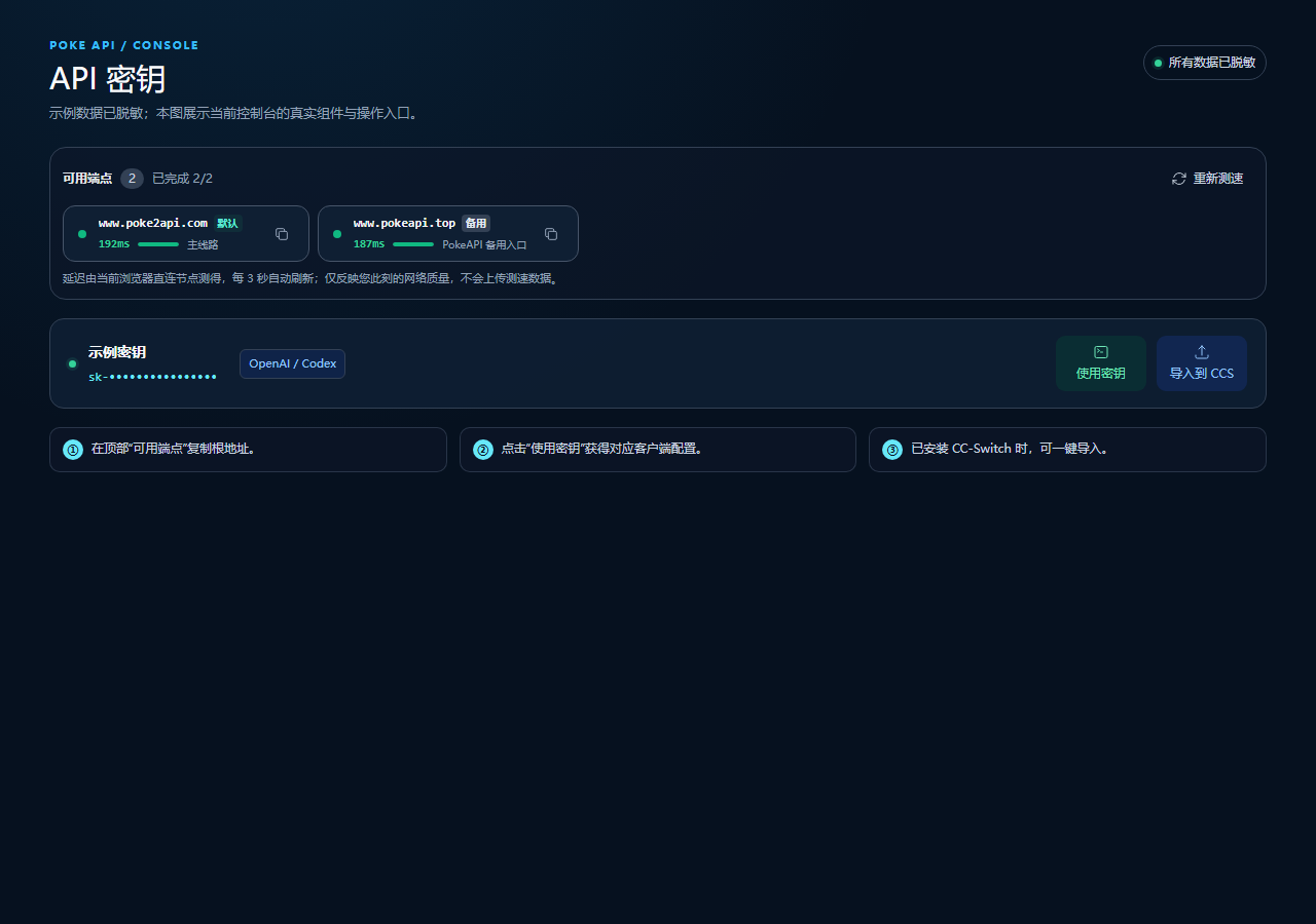 Poke API API 密钥页面的脱敏操作图:顶部可用端点区域、端点复制入口、使用密钥和导入到 CCS 按钮