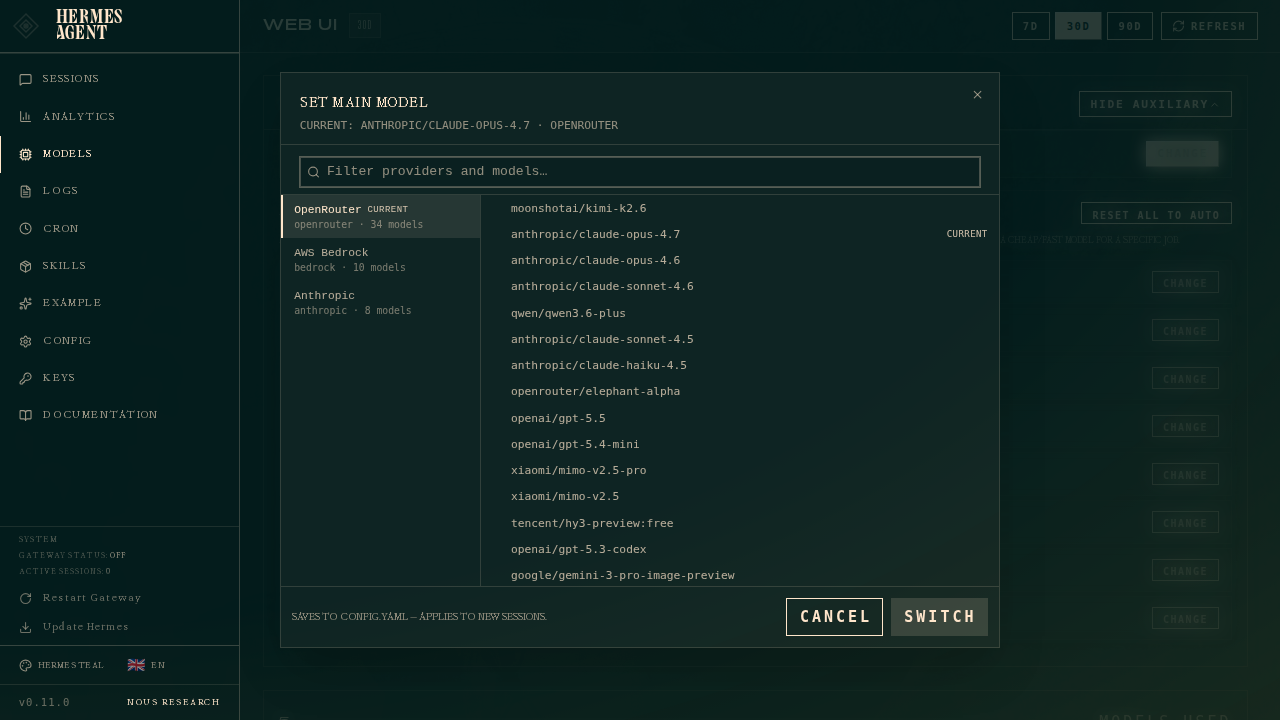 Hermes Agent 官方 Web UI 的模型选择器，界面版本 v0.11.0