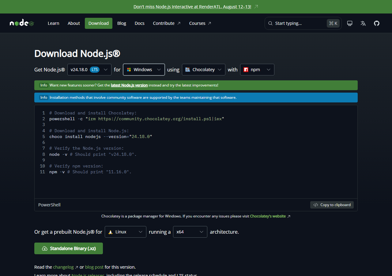 Node.js 官方下载页真实截图，已选择 Windows 与 LTS 版本